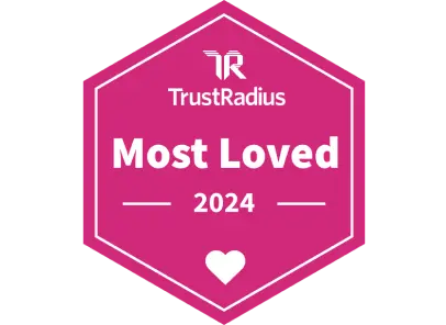 A pink and white graphic of TrustRadius’s “Most Loved” award that Dashlane received in 2024