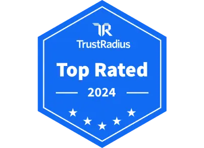 A blue and white graphic of TrustRadius’s “Top Rated” badge that Dashlane received in 2024
