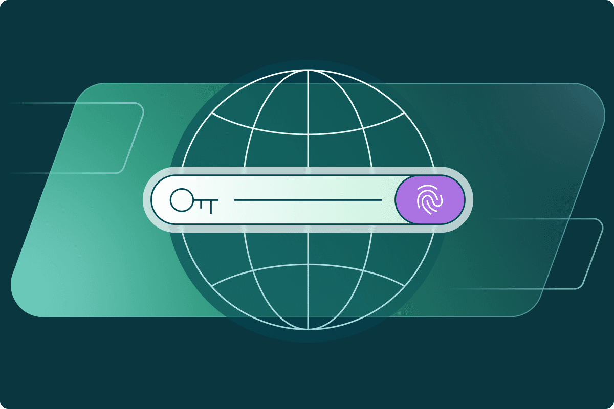 An illustration of a dark green globe with white lines and a white stylized login input field in the middle. On the left side of the login input field is a gray key, and on the right side is a purple and white fingerprint, indicating that Dashlane protects both traditional passwords and newer passwordless authentication methods like passkeys.
