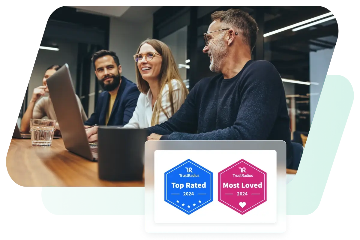 This image shows a group of people collaborating overlaid with two TrustRadius badges that Dashlane was awarded, representing why Dashlane is a top choice password manager for businesses.