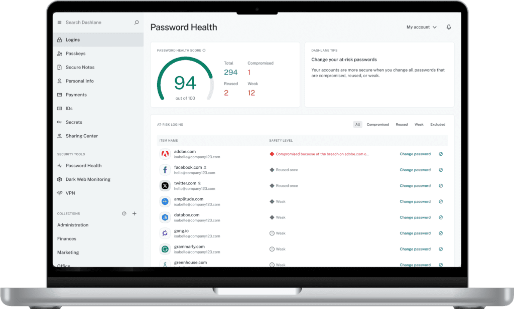 Dashlane's password vault appears on a computer screen showing many passwords, when they were last used, and what collections they're in.