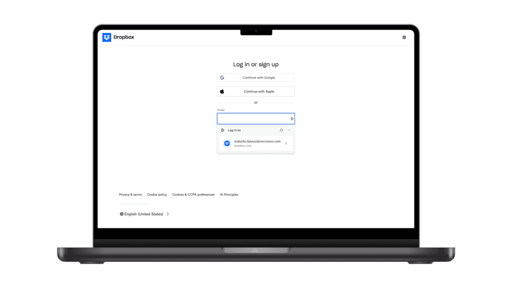 An image of a computer with the Dropbox login page on the screen showing a small Dashlane pop-up suggesting the user's Dropbox credentials