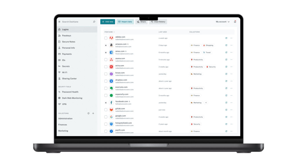 An image of a computer with the Dashlane password vault on the screen