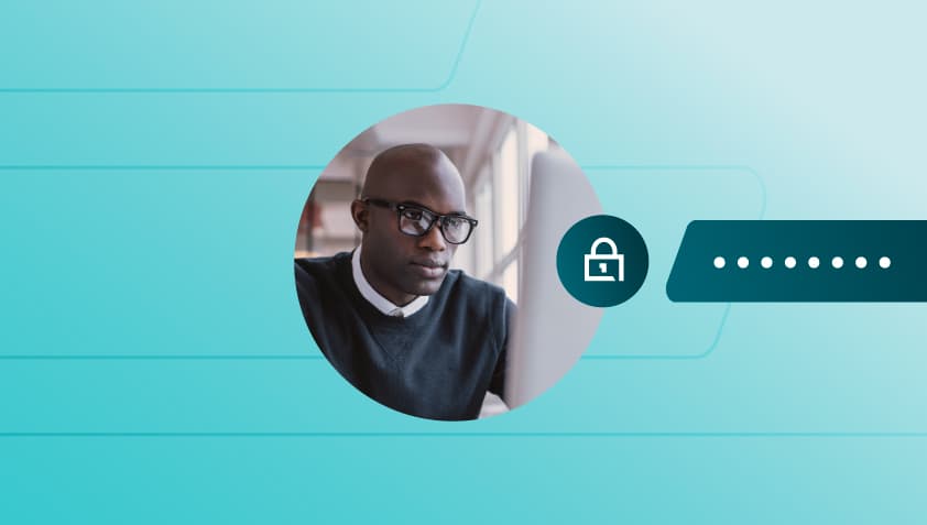 A green and blue background with three blue slanted rectangles in the middle. A white Dashlane logo is overlaid on top.