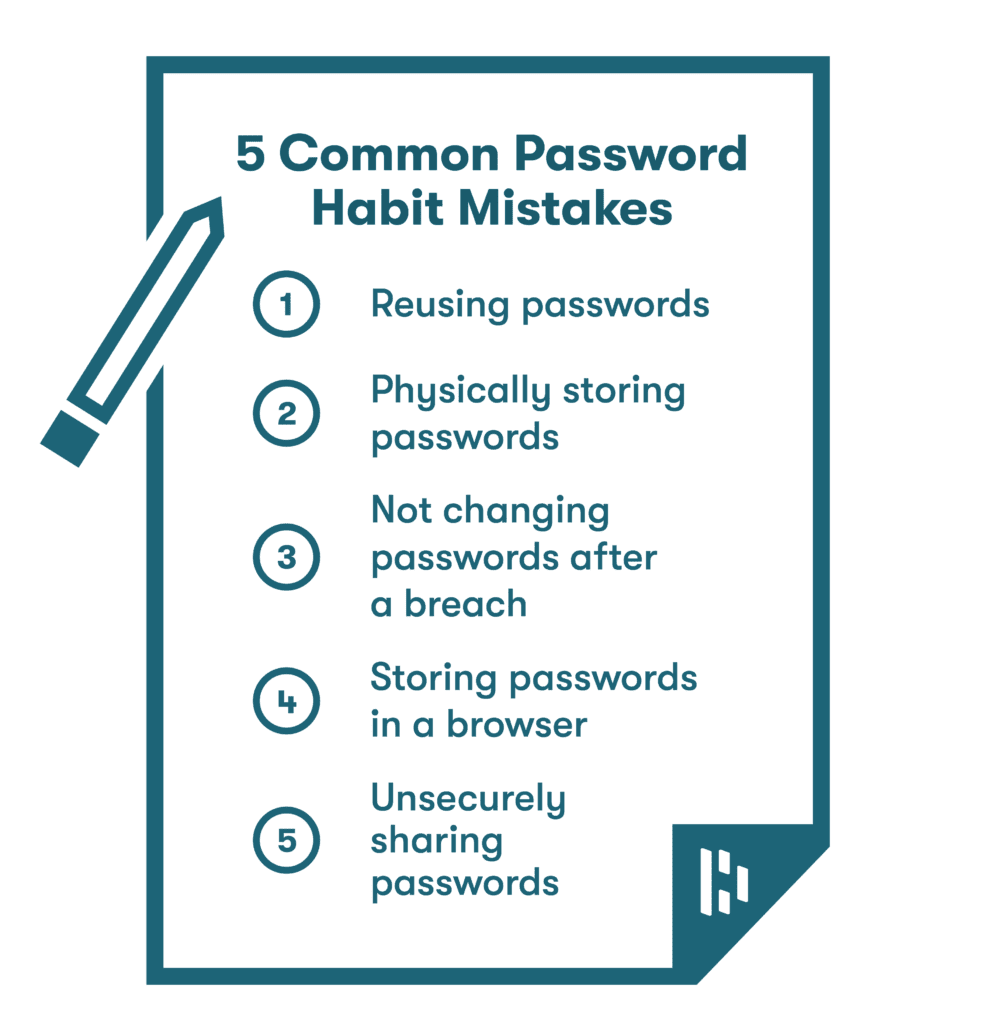 Graphic of a PDF icon with a list of 6 common password creation mistakes, including: 1) Familial names, 2) Personal information, 3) Preferences, 4) Simple sequences, 5) Predictable characters or dictionary words, and 6) Short, non-complex passwords.