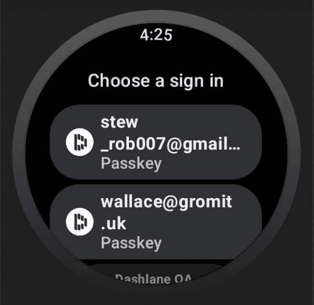 Passkeys signing options provided by Dashlane