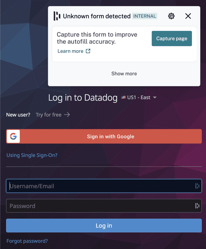 A screenshot of the Datadog login screen shows a Dashlane pop-up that says “Unknown form detected. Capture this form to improve the autofill accuracy.” Beside it is a blue button that says “Capture page.