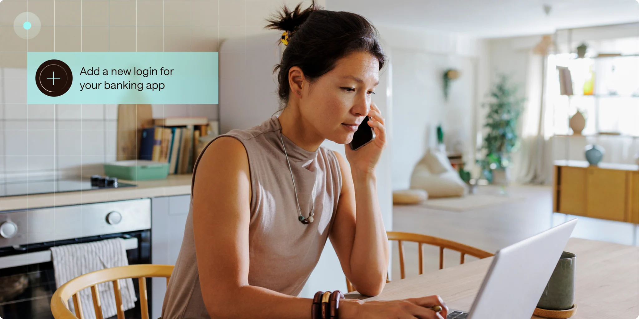 A woman browses on her laptop and adds a new banking login to her secure Dashlane vault.