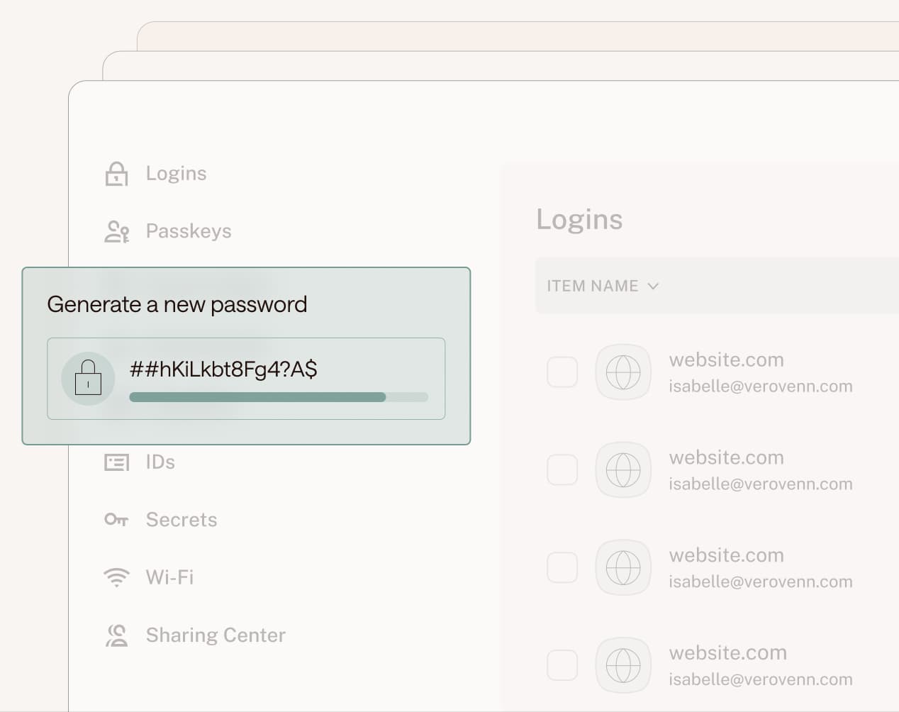 Illustration of personal password management vault and Dashlane’s secure, built-in password generator.