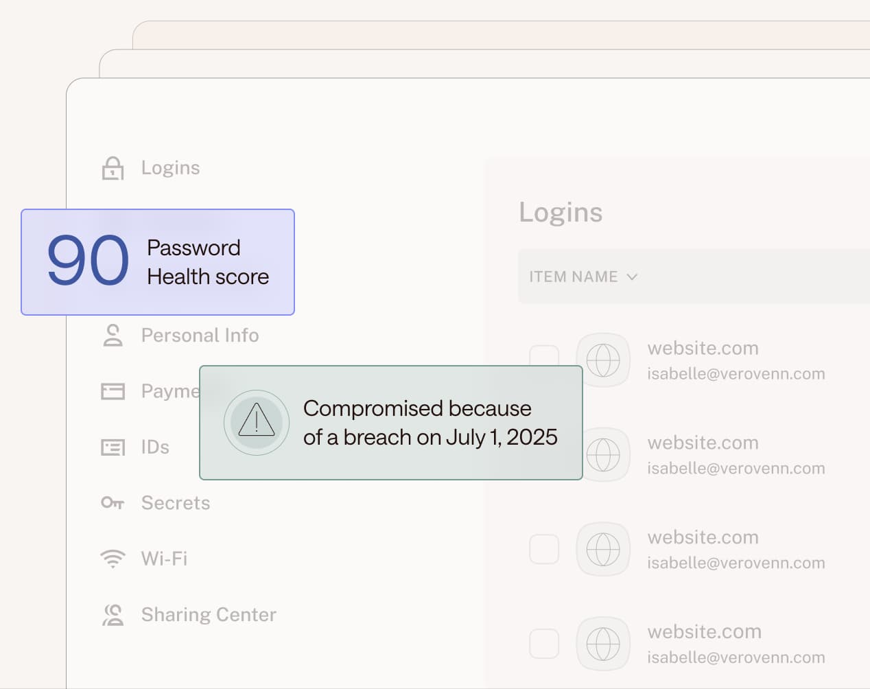Illustration of personal password management vault and Dashlane’s Password Health score feature.