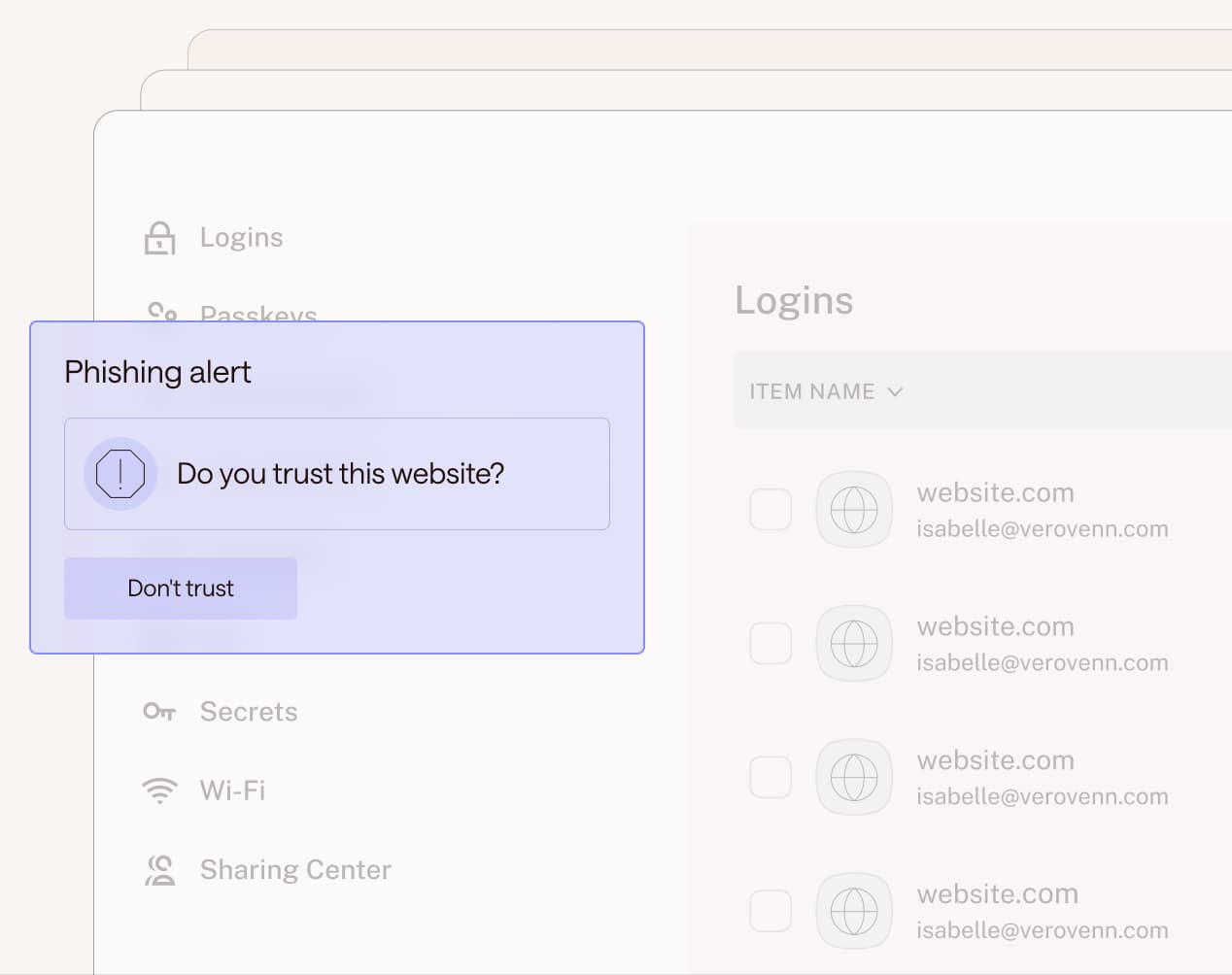 Illustration of personal password management vault and built-in phishing alerts.