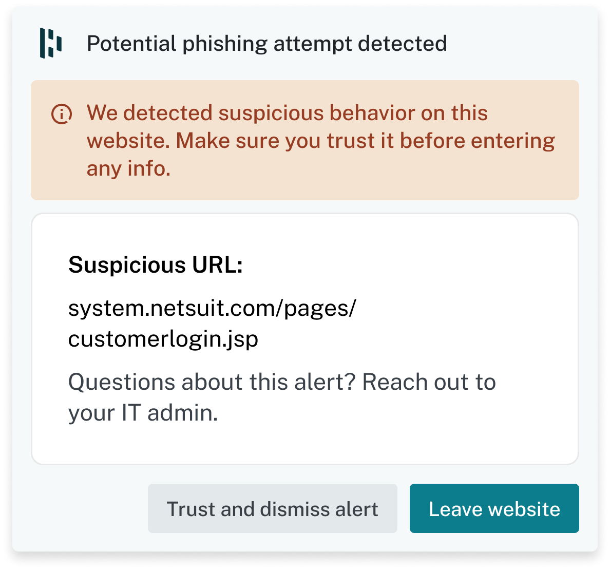 A screenshot of an AI phishing alert from Dashlane says "potential phishing attempt detected," lists the suspicious URL, and has two buttons at the bottom: 1) Trust and dismiss alert and 2) Leave the website.