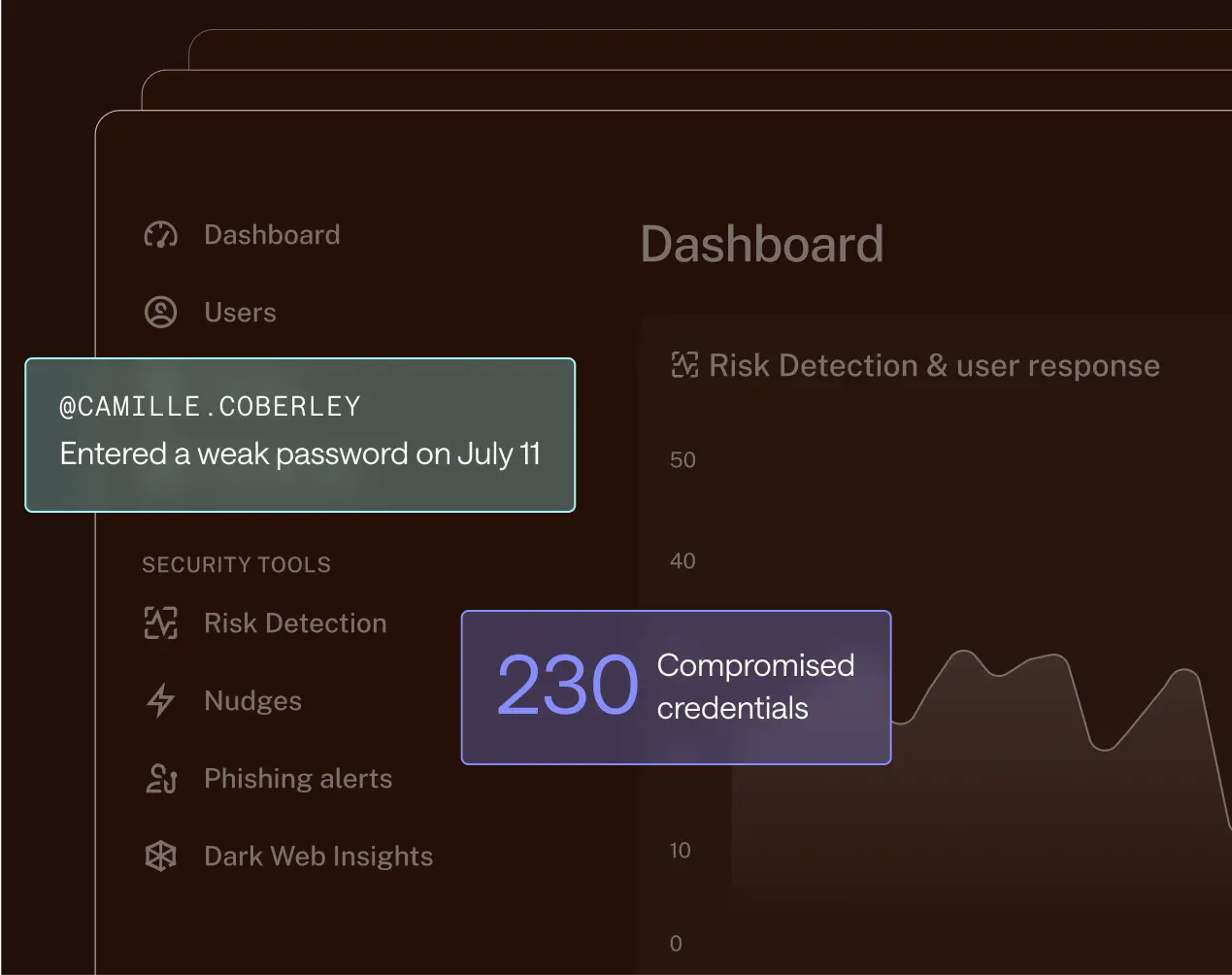 Illustration of Credential Risk Detection feature and organization-wide monitoring.
