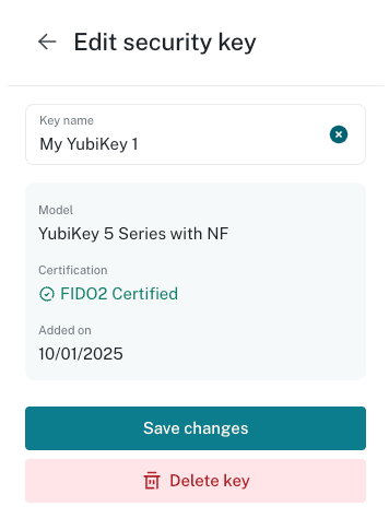 A screenshot of a security key stored in Dashlane shows an editable field for the key name, plus fields for model, certification, and when the key was added, with a “Save changes” and “Delete key” button at the bottom.