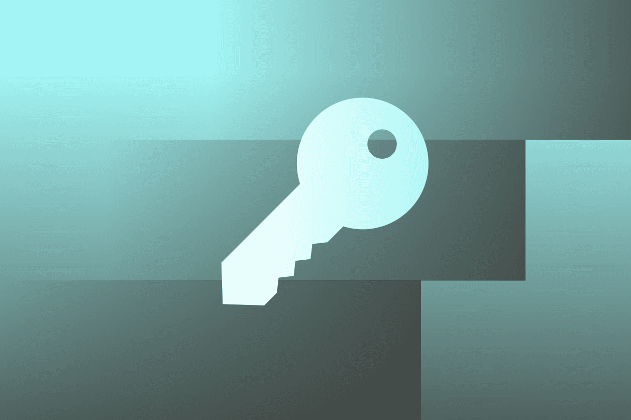 A green and blue background with three blue slanted rectangles in the middle. A white Dashlane logo is overlaid on top.