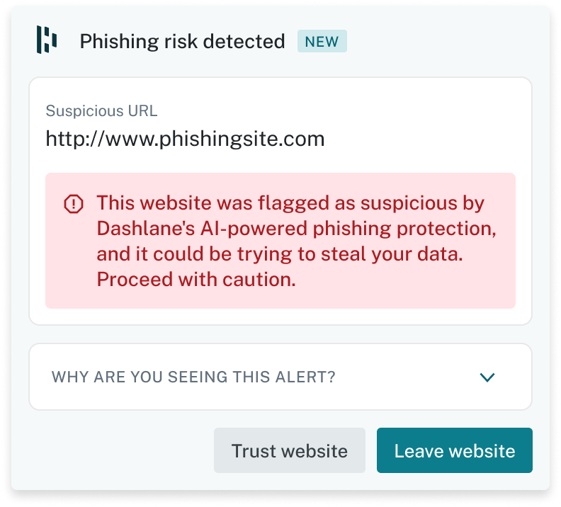 A Dashlane extension pop-up says “Phishing risk detected.” The suspicious URL is listed, followed by “This website was flagged as suspicious by Dashlane’s AI-powered phishing protection, and it could be trying to steal your data. Proceed with caution.” At the bottom, there’s a “Trust website” button and a “Leave website” button.