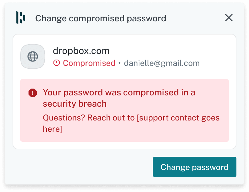 A Dashlane extension pop-up titled “Change compromised password” tells the user their Dropbox password was compromised in a breach and features a “Change password” button. Dashlane calls this type of pop-up a Nudge.