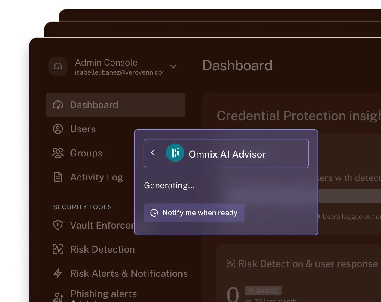 Omnix AI Advisor pop-up modal within the Dashlane Admin Console dashboard.