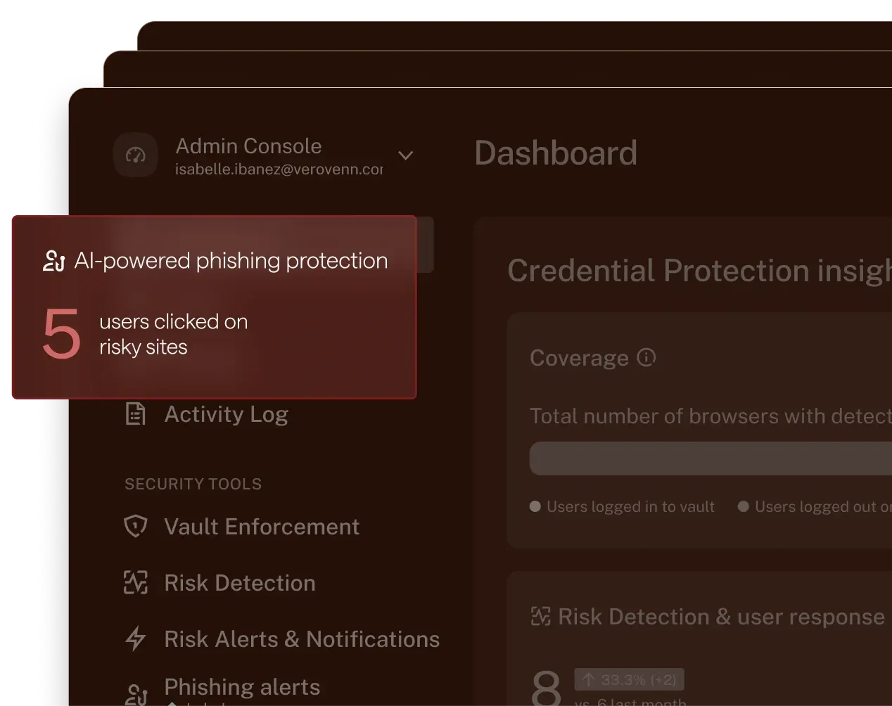 Dashlane Admin Console dashboard featuring an AI-powered phishing protection pop-up reading: "5 users clicked on risky sites."