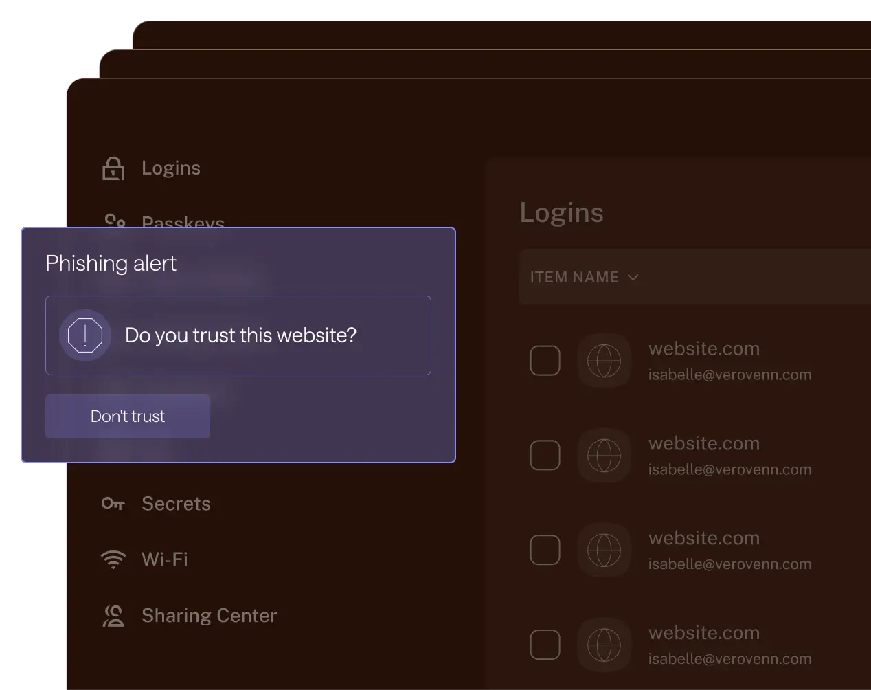 Dashlane Phishing Alert pop-up window over the main application interface.