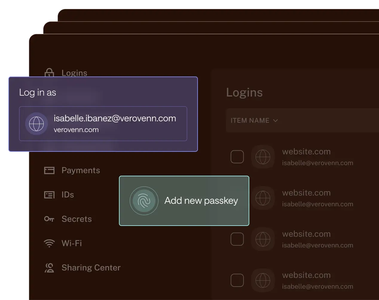 Dashlane UI pop-ups for account login and adding a new passkey.