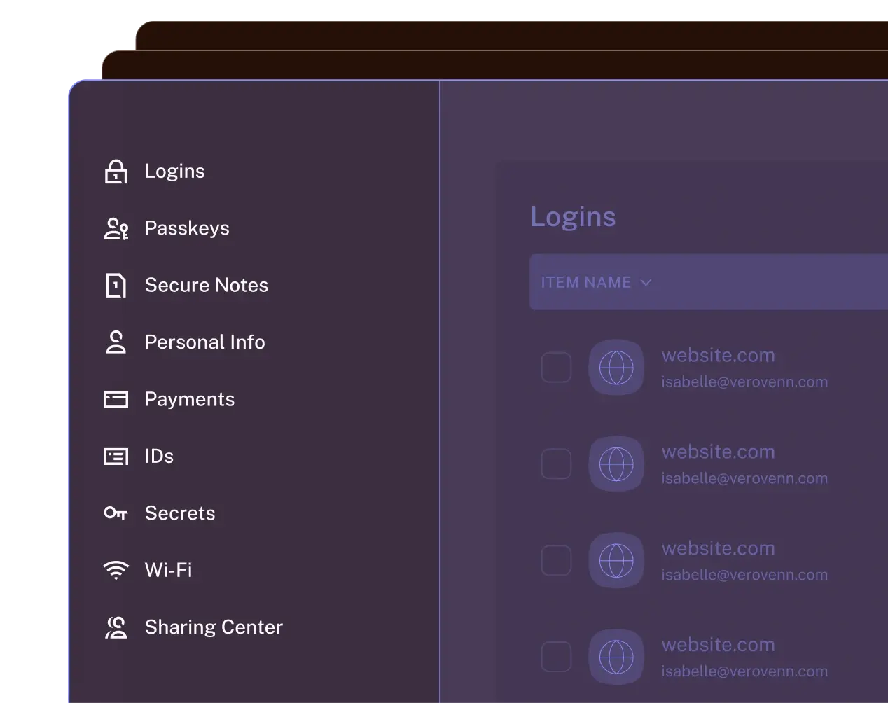 Dashlane secure vault UI showing categories for logins, passkeys, and secure notes.
